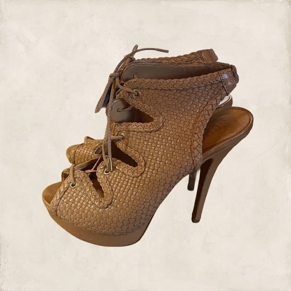 Schutz Woven Leather Gladiator Platform Heels 7 - Picture 2 of 5